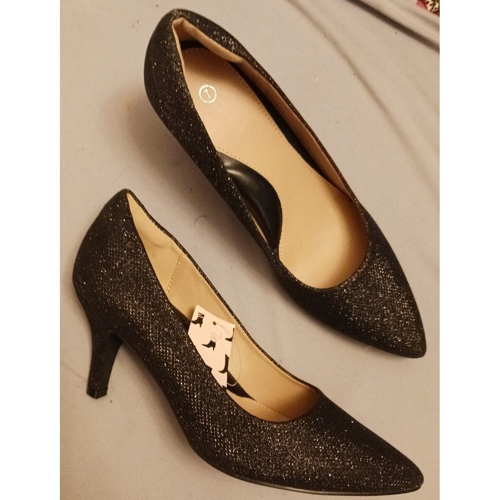 NEW Women's Black Glitter Pointed‎ Toe Low Heel Stiletto Heels, Size 7